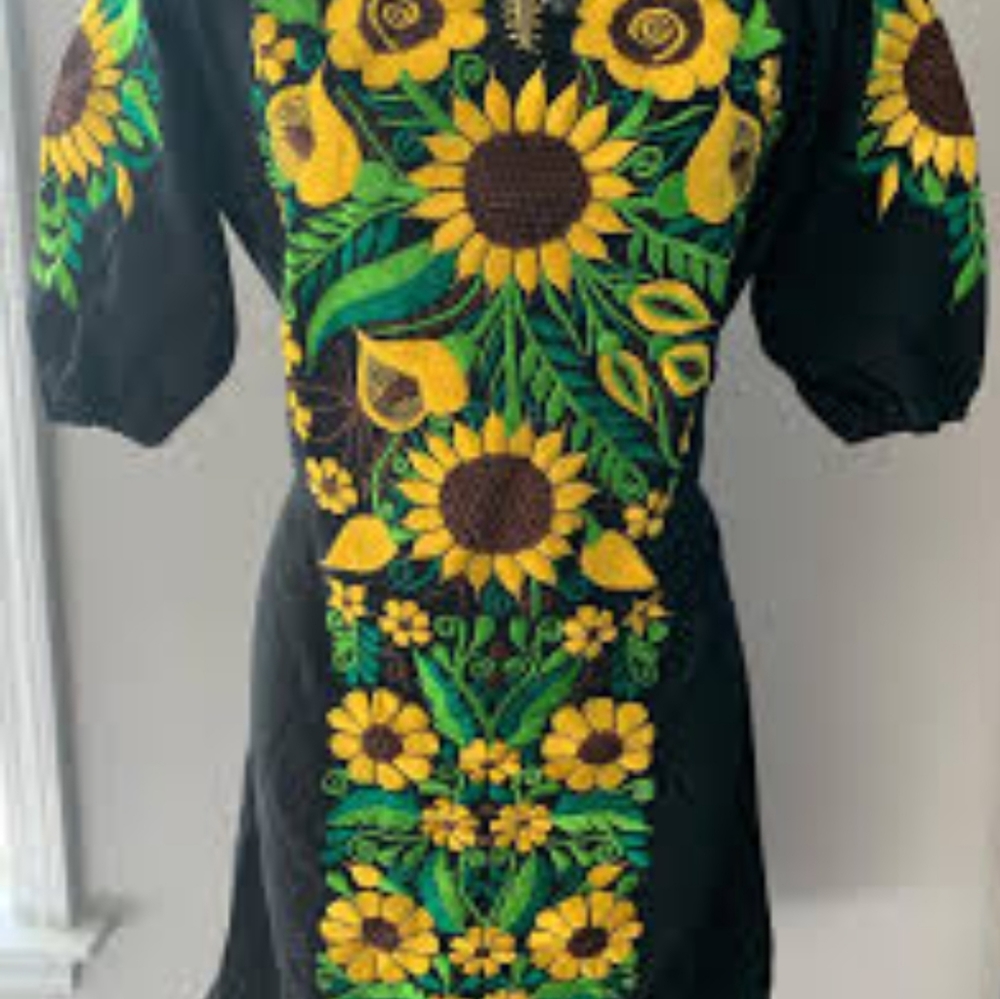 Mexican style dress with embroidered sunflower